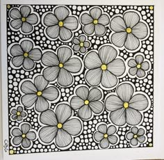 a black and white drawing with yellow dots on the bottom, flowers in the middle