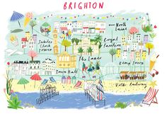 an illustrated map of brighton, england with buildings and beach umbrellas in the foreground