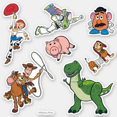 various cartoon characters stickers on a white background, including an image of a dinosaur and other