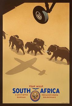 a poster with elephants walking in front of an airplane and the words tour wild south africa