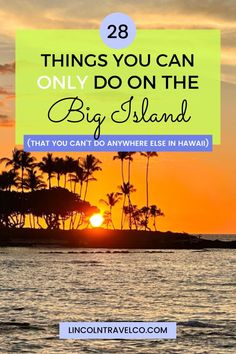 the sun setting behind palm trees with text overlay that reads 28 things you can only do on the big island