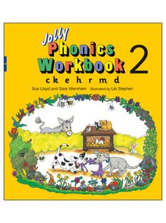 the book cover for jolly phonics workbook 2, with pictures of farm animals