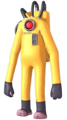 an inflatable yellow suit with black legs and red light on the head is shown