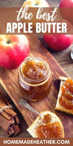 the best apple butter recipe on a cutting board with apples and cinnamon sticks