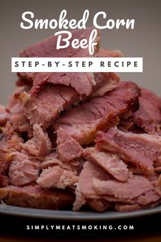 sliced corn beef on a plate with text overlay