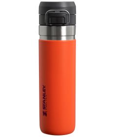 an orange stainless steel water bottle on a white background with the lid down and black accents