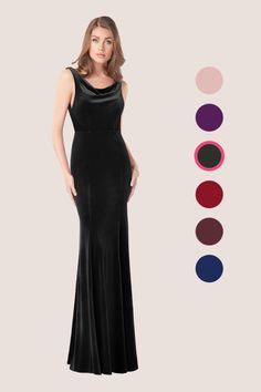 a woman in a long black dress with different colors