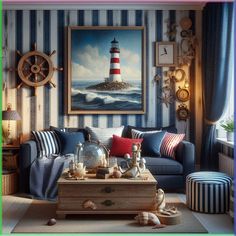 a living room with blue and white striped wallpaper, nautical decor and a painting on the wall