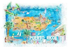 the puerto ricot map is painted in watercolor and has many different things on it