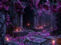 candles are lit in the middle of a garden with purple flowers and stone steps leading to an archway