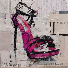 a collage of shoes and newspaper clippings with the word love written on them