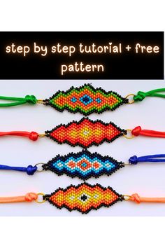 four beaded bracelets with the words, step by step pattern and instructions to make them