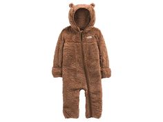 The North Face Kids Bear One-Piece (Infant) - Kid's Jumpsuit & Rompers One Piece : Toasted Brown : Please note, the logo and hardware color may vary in styles marked as Prior Season. A soft and plush fleece construction, The North Face Bear One-Piece keeps your little one warm and comfy with an attached hood and secured fold-over booties. Attached three-piece hood with ears. Asymmetrical zippered front closure with an internal draft flap. Embroidered logo on the left chest. Fold-over mitts at sl The North Face Baby, North Face Kids, Overcoat Jacket, Bear Ears, One Piece Suit, Baby Bear, Unisex Baby, Fur Babies, North Face