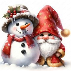 two snowmen with hats and scarves are standing next to each other