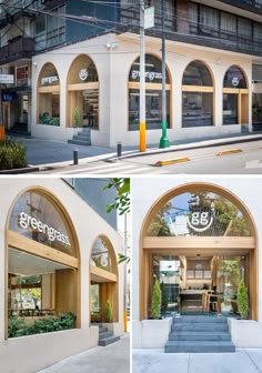 three photos of the front and side of a building with arched windows on both sides