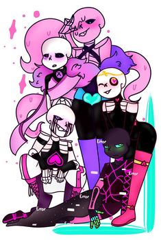 an image of some cartoon characters with pink hair and black clothes, all dressed in different outfits