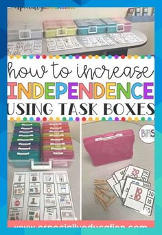 an image of how to increase independence using task boxes with pictures and words on them