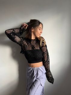 Crochet knit long sleeve crop top. Black metallic colour, shrug bolero style. Matching skirt also available separately. Bolero Style, That Friday Feeling, 60s Retro, Friday Feeling, Cropped Tube Top, Knit Long Sleeve, Dress Purchase, Long Sleeve Crop, Lovely Dresses