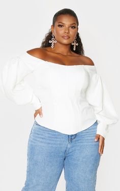 The Plus White Bardot Balloon Sleeve Corset Top | Head online and shop this season's range of Plus Size at PrettyLittleThing. Express shipping available. Corset Top Dress, Plus Size Corset Tops, Bardot Midi Dress, Plus Size Corset, Flattering Tops, Clothing Plus Size, Jumpsuit With Sleeves, Dress Plus Size, Plus Size Shirts