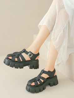 Belt Buckle Hollow Round-Toe Split-Joint Gladiators Platform Shoes Sandals BLACK-35 Trendy Closed Toe Platform Jelly Sandals, Black Sandals With Metal Pin Buckle For Spring, Black Flat Sandals With Metal Pin Buckle, Black Sandals With Metal Pin Buckle, Spring Black Sandals With Metal Pin Buckle, Trendy Sandals With Metal Pin Buckle, Trendy Sandals With Metal Pin Buckle And Round Toe, Black Closed Toe Jelly Sandals For Spring, Trendy Ankle Strap Jelly Sandals With Buckle