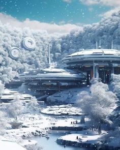 a futuristic city surrounded by snow covered trees