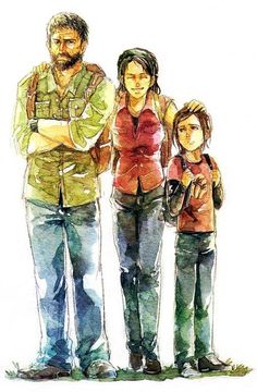 a drawing of three people standing next to each other with their arms crossed in front of them