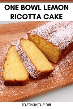 a sliced lemon ricotta cake on a cutting board with the words mother's day written above it