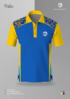 a blue and yellow polo shirt with an image of a bird on it