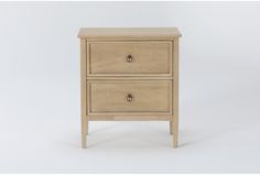 a small wooden nightstand with two drawers on one side and an open drawer on the other