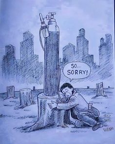 a drawing of a man sitting on the ground next to a pole with a sign that says so sorry