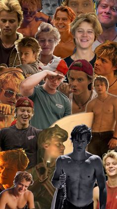 a collage of people with different faces and body parts, including one man holding a surfboard