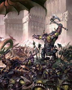 The dark legions of Chaos face off against Grimgor Ironhide and his WAAAAGH!!! of Black Orks Arts Picture, Warhammer Fantasy Roleplay, Warhammer 40k Art, Fantasy Battle, Age Of Sigmar, Warhammer Art, Warhammer 40k Artwork, Fantasy Races, Fantasy Setting