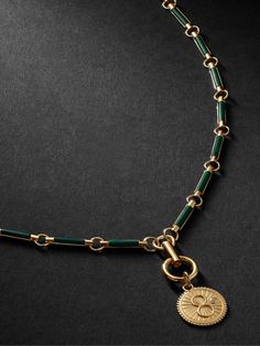 Foundrae designer Ms Beth Bugdaycay likens the brand's handcrafted pieces to wearable stories, as each is crafted with a message behind it. This 'Karma' necklace includes a diamond-encrusted 18-karat gold pendant detailed with a number 8, a representation of infinity and continual energy return. The chain is strung with sleek malachite baguettes. Mens Gold Chain Necklace, Mens Diamond Jewelry, Brass Pendant Necklace, Gold Bracelet Simple, Exotic Jewelry, Fancy Jewelry Necklace, Malachite Bracelet, Karma Necklace, Ladies Bracelet