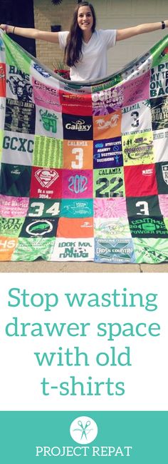 a woman standing in front of a quilt with the words we understand how valuable a t - shirt can be