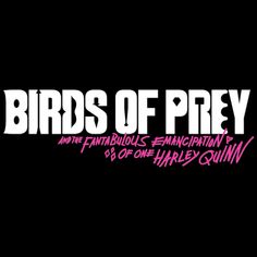 the birds of prey logo on a black background with pink lettering and white letters that read,