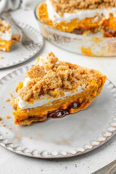 a slice of pie on a plate with other pies in the background