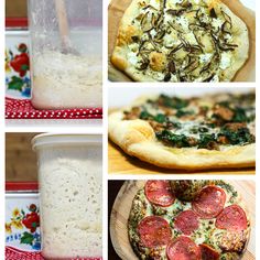 there are four pictures of different types of pizza