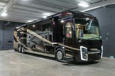 a large motor home parked in a garage