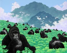 there are many gorillas in the green field with mountains in the background and clouds in the sky