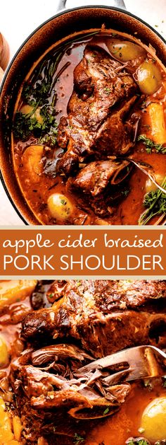 an apple cider braised pork shoulder is shown with potatoes and carrots