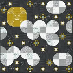 an abstract pattern with stars and circles on a black background that is very similar to the same fabric