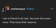 a tweet that reads, i am a friend to all cats yes even the mean ones they have their reasons