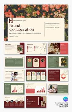 the brand collaboration brochure is displayed on a white background with red and green flowers