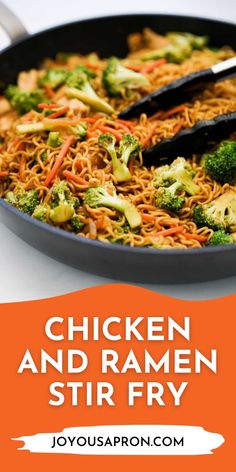 chicken and ramen stir fry in a skillet with broccoli on the side