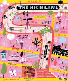 an illustrated map of the high line in new york city, with lots of trees and buildings