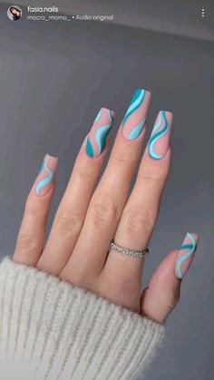 Turquoise Nail Designs, Teal Nail Designs, Teal Nails, Turquoise Nails, Nails Yellow, Abstract Nail Art, Classy Acrylic Nails, Acrylic Nails Coffin Short, Girls Nails