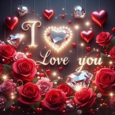 i love you wallpaper with red roses and diamonds in the shape of a heart