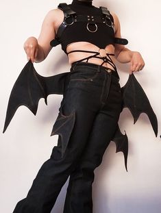 Bat Wing Pants, Bat Hoodie With Wings, Bat Wing Jeans, Bat Wing Aesthetic, Dragon Themed Outfit, Bat Themed Clothes, Bat Themed Outfit, Bat Inspired Outfit, Bat Wings Aesthetic