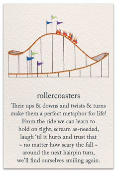 the roller coasters poem is written in white paper with black ink and orange lettering