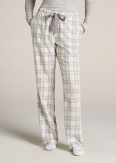 American-Tall-Women-Tie-Waist-Open-Bottom-Flannel-PJ-Pants-Heather-Grey-White-Plaid-front Pajamas Women Comfy, Sleepover Supplies, White Pajama Pants, Pjs Pants, Womens Pj Pants, Best Pjs, Winter Pjs, Flannel Pj Pants, Pajamas Aesthetic